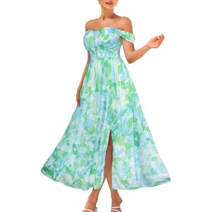 GRACE KARIN 2025 Women’s Summer Floral Print Flowy A Line Maxi Dresses Sleeveless Smocked Off Shoulder Dress(Blue Green)