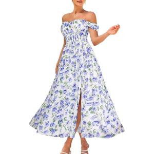 GRACE KARIN 2025 Women’s Summer Floral Print Flowy A Line Maxi Dresses Sleeveless Smocked Off Shoulder Dress(Blue Hydrangea)