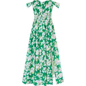 GRACE KARIN 2025 Women’s Summer Floral Print Flowy A Line Maxi Dresses Sleeveless Smocked Off Shoulder Dress(Green-white)