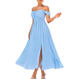 GRACE KARIN 2025 Women’s Summer Floral Print Flowy A Line Maxi Dresses Sleeveless Smocked Off Shoulder Dress(Light Blue)
