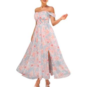 GRACE KARIN 2025 Women’s Summer Floral Print Flowy A Line Maxi Dresses Sleeveless Smocked Off Shoulder Dress(Light Blue Pink)