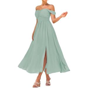 GRACE KARIN 2025 Women’s Summer Floral Print Flowy A Line Maxi Dresses Sleeveless Smocked Off Shoulder Dress(Light Green)
