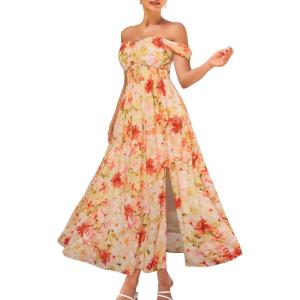 GRACE KARIN 2025 Women’s Summer Floral Print Flowy A Line Maxi Dresses Sleeveless Smocked Off Shoulder Dress(Light Orange Red)