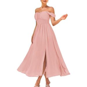 GRACE KARIN 2025 Women’s Summer Floral Print Flowy A Line Maxi Dresses Sleeveless Smocked Off Shoulder Dress(Light Pink)