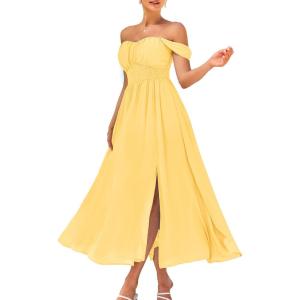 GRACE KARIN 2025 Women’s Summer Floral Print Flowy A Line Maxi Dresses Sleeveless Smocked Off Shoulder Dress(Light Yellow)