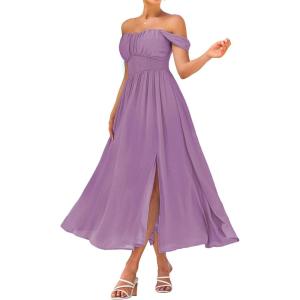 GRACE KARIN 2025 Women’s Summer Floral Print Flowy A Line Maxi Dresses Sleeveless Smocked Off Shoulder Dress(Lilac)