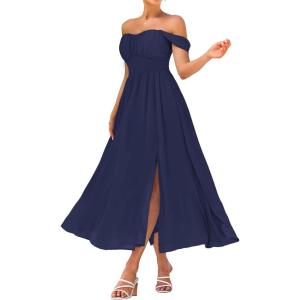 GRACE KARIN 2025 Women’s Summer Floral Print Flowy A Line Maxi Dresses Sleeveless Smocked Off Shoulder Dress(Navy Blue)