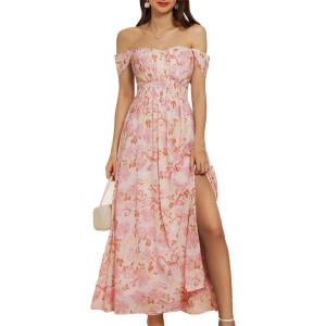 GRACE KARIN 2025 Women’s Summer Floral Print Flowy A Line Maxi Dresses Sleeveless Smocked Off Shoulder Dress(Pink Floral)