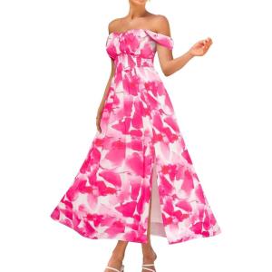 GRACE KARIN 2025 Women’s Summer Floral Print Flowy A Line Maxi Dresses Sleeveless Smocked Off Shoulder Dress(Pink Watercolour)