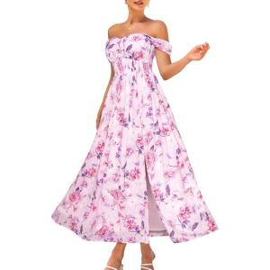 GRACE KARIN 2025 Women’s Summer Floral Print Flowy A Line Maxi Dresses Sleeveless Smocked Off Shoulder Dress(Pink White)