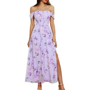 GRACE KARIN 2025 Women’s Summer Floral Print Flowy A Line Maxi Dresses Sleeveless Smocked Off Shoulder Dress(Purple Floral)