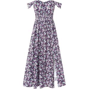 GRACE KARIN 2025 Women’s Summer Floral Print Flowy A Line Maxi Dresses Sleeveless Smocked Off Shoulder Dress(Purple Flower)