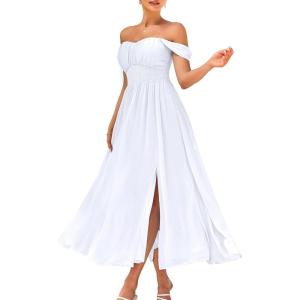 GRACE KARIN 2025 Women’s Summer Floral Print Flowy A Line Maxi Dresses Sleeveless Smocked Off Shoulder Dress(White)
