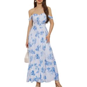 GRACE KARIN 2025 Women’s Summer Floral Print Flowy A Line Maxi Dresses Sleeveless Smocked Off Shoulder Dress(White-blue Floral)