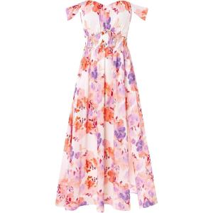 GRACE KARIN 2025 Women’s Summer Floral Print Flowy A Line Maxi Dresses Sleeveless Smocked Off Shoulder Dress(White-purple Red)
