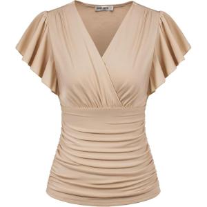 GRACE KARIN 2025 Womens Tops Summer Wrap Blouse V Neck Ruffle Sleeve Dressy Casual Top Ruched Trendy Clothes(Apricot)