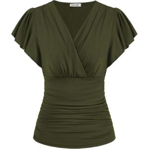 GRACE KARIN 2025 Womens Tops Summer Wrap Blouse V Neck Ruffle Sleeve Dressy Casual Top Ruched Trendy Clothes(Army Green)