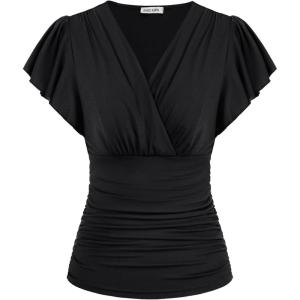 GRACE KARIN 2025 Womens Tops Summer Wrap Blouse V Neck Ruffle Sleeve Dressy Casual Top Ruched Trendy Clothes(Black)