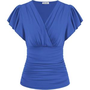 GRACE KARIN 2025 Womens Tops Summer Wrap Blouse V Neck Ruffle Sleeve Dressy Casual Top Ruched Trendy Clothes(Blue)