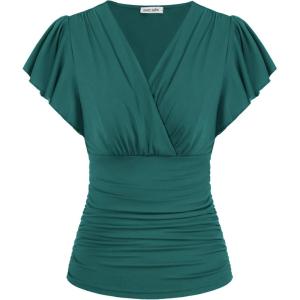GRACE KARIN 2025 Womens Tops Summer Wrap Blouse V Neck Ruffle Sleeve Dressy Casual Top Ruched Trendy Clothes(Blue Green)