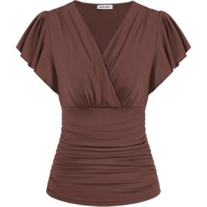 GRACE KARIN 2025 Womens Tops Summer Wrap Blouse V Neck Ruffle Sleeve Dressy Casual Top Ruched Trendy Clothes(Brown)