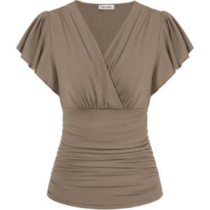 GRACE KARIN 2025 Womens Tops Summer Wrap Blouse V Neck Ruffle Sleeve Dressy Casual Top Ruched Trendy Clothes(Coffee)