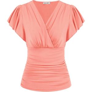 GRACE KARIN 2025 Womens Tops Summer Wrap Blouse V Neck Ruffle Sleeve Dressy Casual Top Ruched Trendy Clothes(Coral)