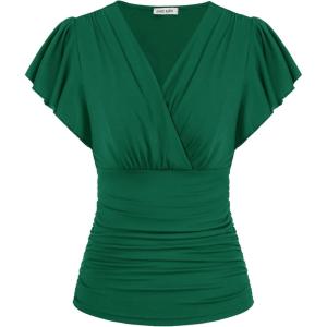GRACE KARIN 2025 Womens Tops Summer Wrap Blouse V Neck Ruffle Sleeve Dressy Casual Top Ruched Trendy Clothes(Dark Green)