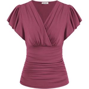 GRACE KARIN 2025 Womens Tops Summer Wrap Blouse V Neck Ruffle Sleeve Dressy Casual Top Ruched Trendy Clothes(Fuchsia)