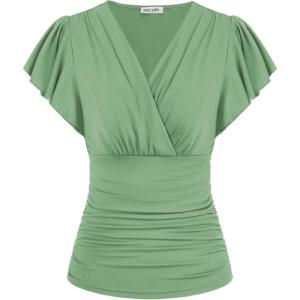 GRACE KARIN 2025 Womens Tops Summer Wrap Blouse V Neck Ruffle Sleeve Dressy Casual Top Ruched Trendy Clothes(Green)