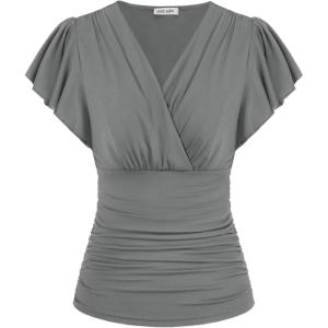 GRACE KARIN 2025 Womens Tops Summer Wrap Blouse V Neck Ruffle Sleeve Dressy Casual Top Ruched Trendy Clothes(Grey)