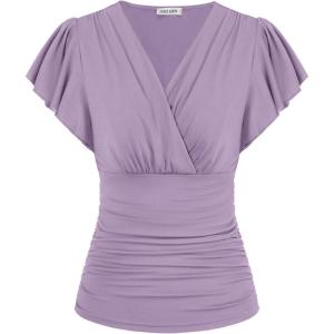 GRACE KARIN 2025 Womens Tops Summer Wrap Blouse V Neck Ruffle Sleeve Dressy Casual Top Ruched Trendy Clothes(Lavender)