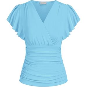GRACE KARIN 2025 Womens Tops Summer Wrap Blouse V Neck Ruffle Sleeve Dressy Casual Top Ruched Trendy Clothes(Light Blue)