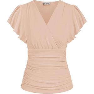 GRACE KARIN 2025 Womens Tops Summer Wrap Blouse V Neck Ruffle Sleeve Dressy Casual Top Ruched Trendy Clothes(Light Pink)
