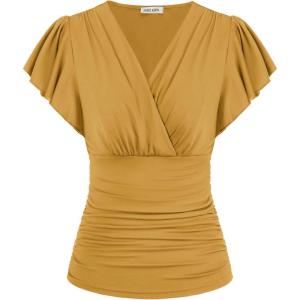 GRACE KARIN 2025 Womens Tops Summer Wrap Blouse V Neck Ruffle Sleeve Dressy Casual Top Ruched Trendy Clothes(Mustard Yellow)