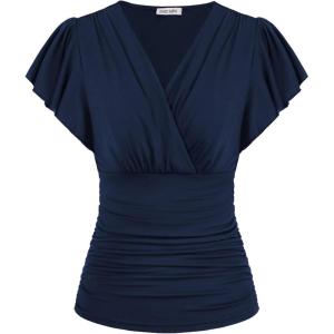 GRACE KARIN 2025 Womens Tops Summer Wrap Blouse V Neck Ruffle Sleeve Dressy Casual Top Ruched Trendy Clothes(Navy Blue)