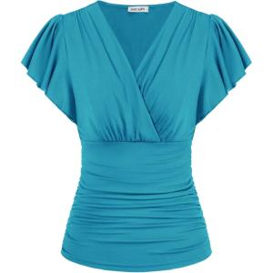 GRACE KARIN 2025 Womens Tops Summer Wrap Blouse V Neck Ruffle Sleeve Dressy Casual Top Ruched Trendy Clothes(Peacock Blue)