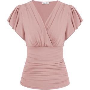 GRACE KARIN 2025 Womens Tops Summer Wrap Blouse V Neck Ruffle Sleeve Dressy Casual Top Ruched Trendy Clothes(Pink)