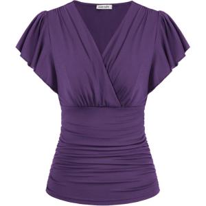 GRACE KARIN 2025 Womens Tops Summer Wrap Blouse V Neck Ruffle Sleeve Dressy Casual Top Ruched Trendy Clothes(Purple)