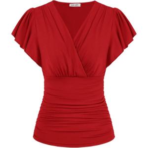 GRACE KARIN 2025 Womens Tops Summer Wrap Blouse V Neck Ruffle Sleeve Dressy Casual Top Ruched Trendy Clothes(Red)
