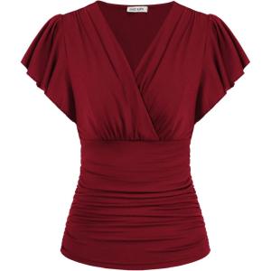GRACE KARIN 2025 Womens Tops Summer Wrap Blouse V Neck Ruffle Sleeve Dressy Casual Top Ruched Trendy Clothes(Wine Red)