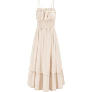 GRACE KARIN 2026 Summer Maxi Dresses for Women, Smocked Spaghetti Strap Long Dress, Flowy Boho Beach Sundresses with Pockets(Apricot)