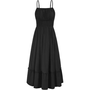 GRACE KARIN 2026 Summer Maxi Dresses for Women, Smocked Spaghetti Strap Long Dress, Flowy Boho Beach Sundresses with Pockets(Black)