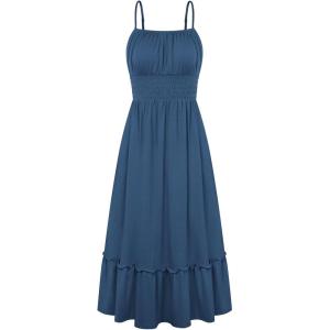 GRACE KARIN 2026 Summer Maxi Dresses for Women, Smocked Spaghetti Strap Long Dress, Flowy Boho Beach Sundresses with Pockets(Blue)