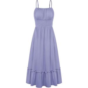 GRACE KARIN 2026 Summer Maxi Dresses for Women, Smocked Spaghetti Strap Long Dress, Flowy Boho Beach Sundresses with Pockets(Blue Grey)