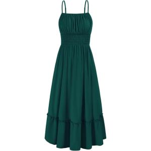GRACE KARIN 2026 Summer Maxi Dresses for Women, Smocked Spaghetti Strap Long Dress, Flowy Boho Beach Sundresses with Pockets(Green)