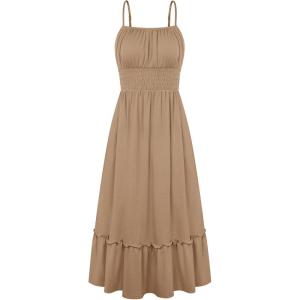 GRACE KARIN 2026 Summer Maxi Dresses for Women, Smocked Spaghetti Strap Long Dress, Flowy Boho Beach Sundresses with Pockets(Light Coffee)