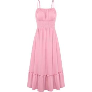 GRACE KARIN 2026 Summer Maxi Dresses for Women, Smocked Spaghetti Strap Long Dress, Flowy Boho Beach Sundresses with Pockets(Light Pink)