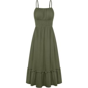 GRACE KARIN 2026 Summer Maxi Dresses for Women, Smocked Spaghetti Strap Long Dress, Flowy Boho Beach Sundresses with Pockets(Olive Green)