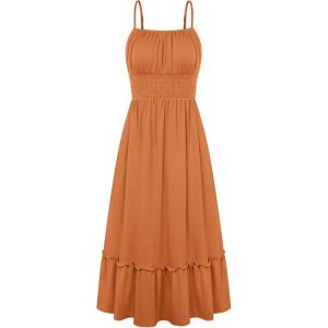 GRACE KARIN 2026 Summer Maxi Dresses for Women, Smocked Spaghetti Strap Long Dress, Flowy Boho Beach Sundresses with Pockets(Orange Brown)